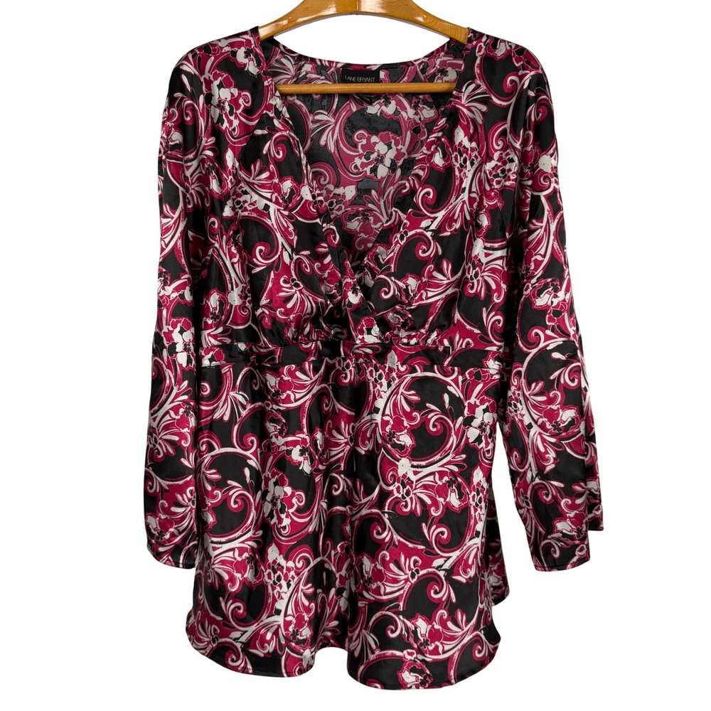 Lane Bryant Blouse Floral Empire Waist 14/16 Pink Black Surplice Top